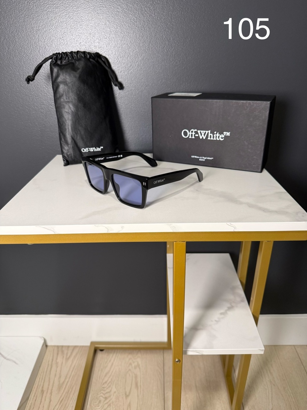 Off-White Black Rectangular Sunglasses with Blue Tint